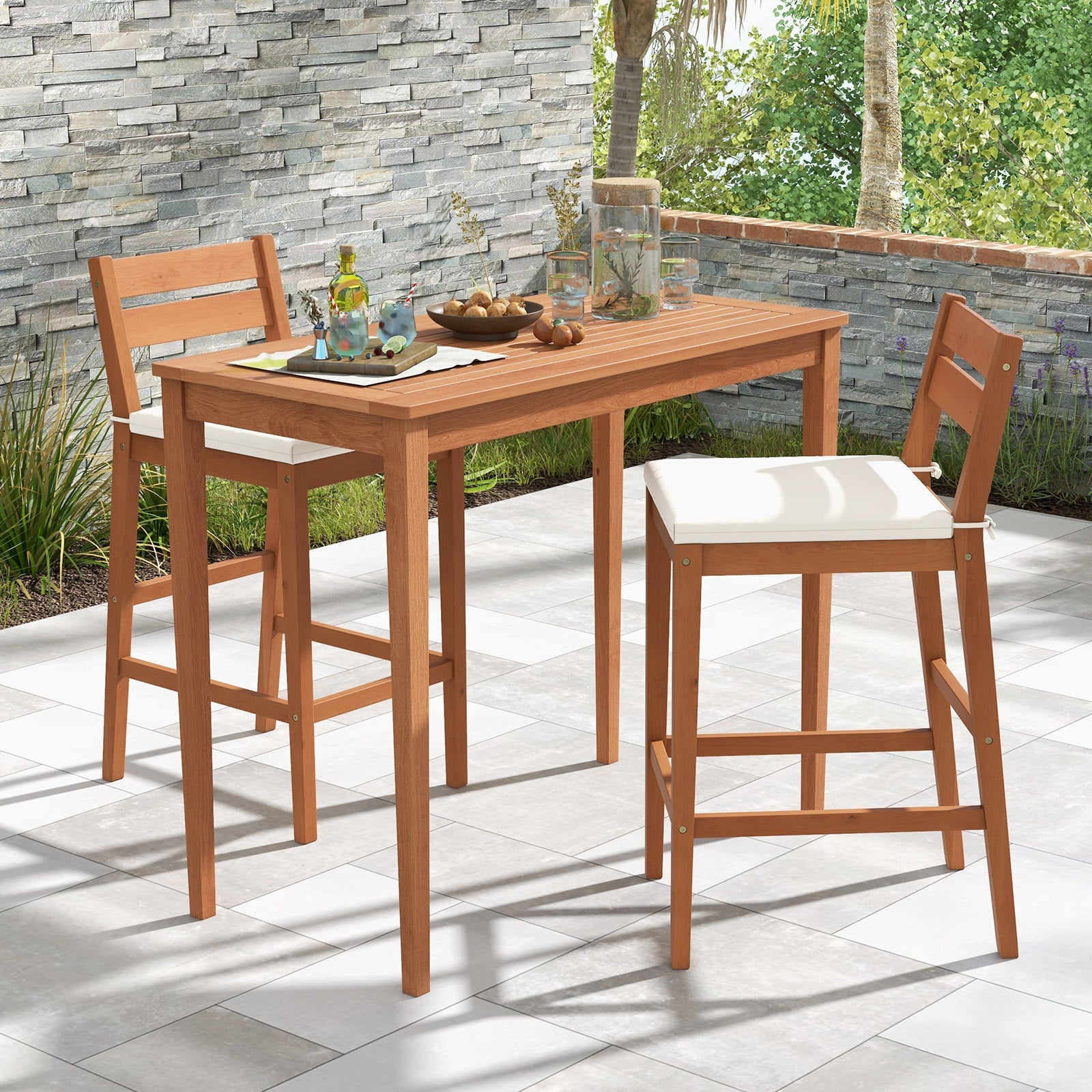 Set of 2 Outdoor Wooden Barstools with Soft Seat Cushion - Off White
