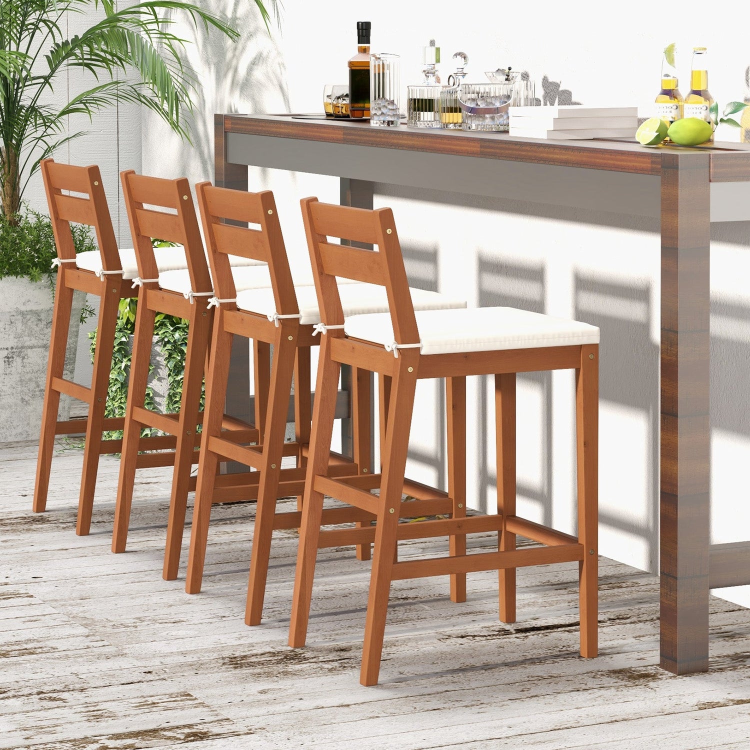 Set of 2 Outdoor Wooden Barstools with Soft Seat Cushion - Off White