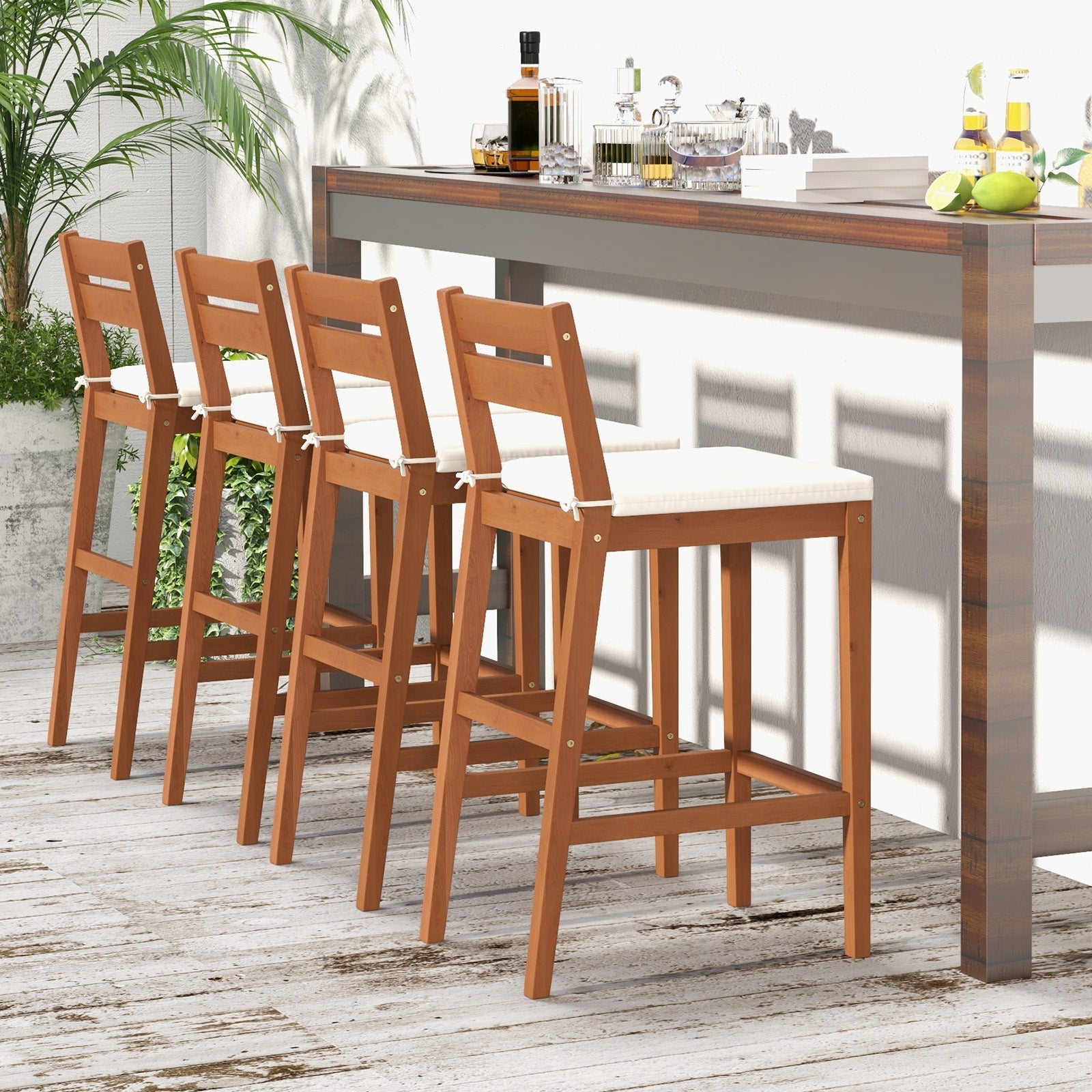 Set of 2 Outdoor Wooden Barstools with Soft Seat Cushion - Off White