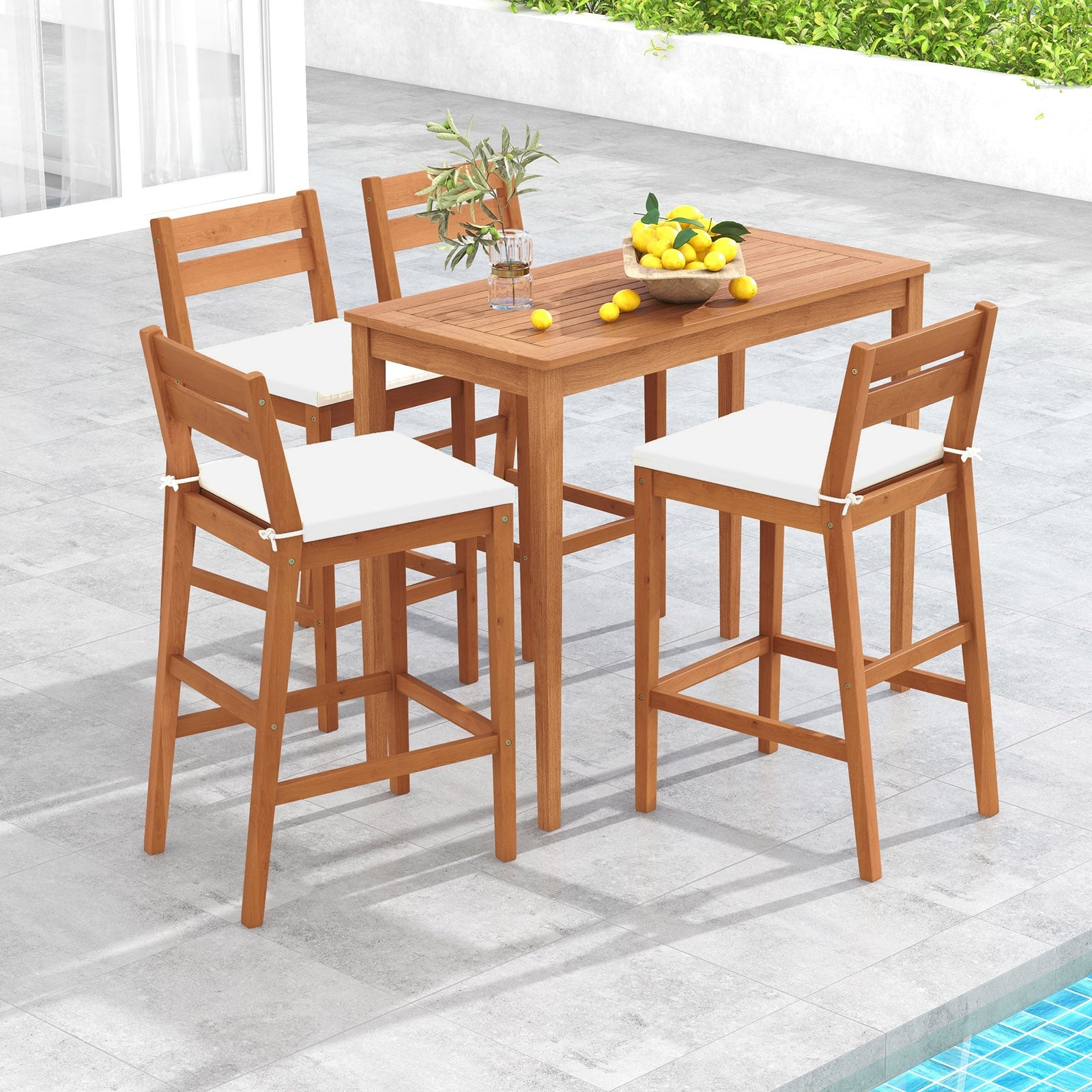 Set of 2 Outdoor Wooden Barstools with Soft Seat Cushion - Off White