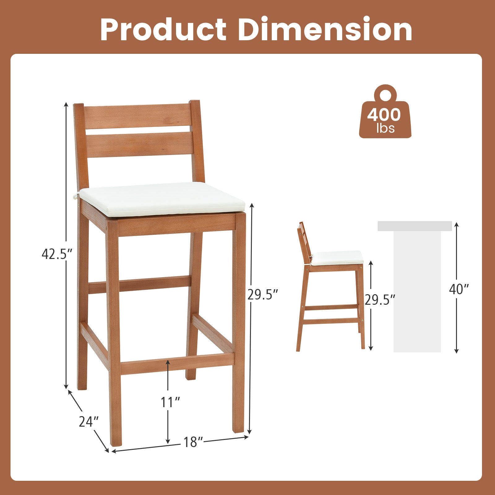 Set of 2 Outdoor Wooden Barstools with Soft Seat Cushion - Off White