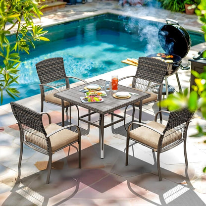 Outdoor Dining Set for 4 with Iron Frame &amp;  Rattan Backrest - 4 Colors