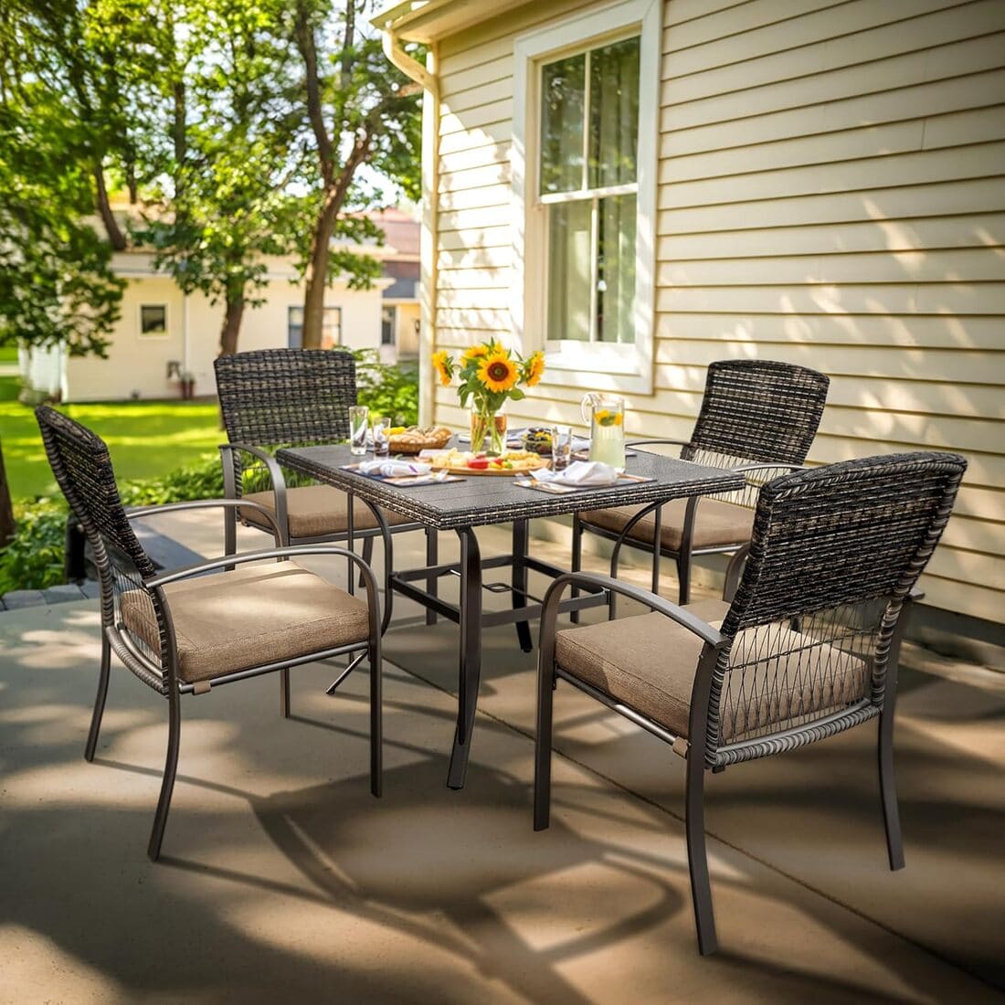 Outdoor Dining Set for 4 with Iron Frame &amp;  Rattan Backrest - 4 Colors