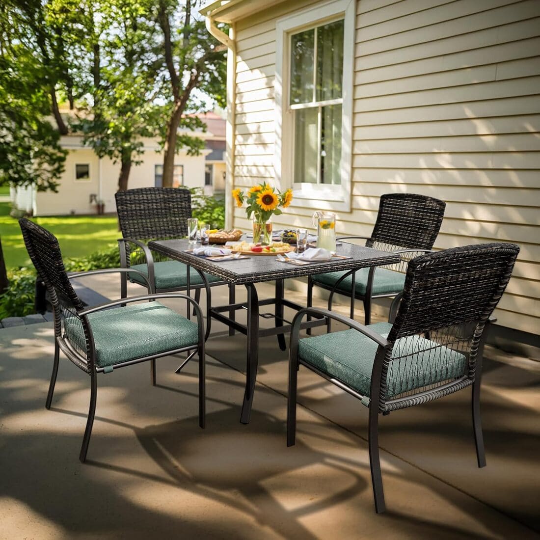 Outdoor Dining Set for 4 with Iron Frame &amp;  Rattan Backrest - 4 Colors