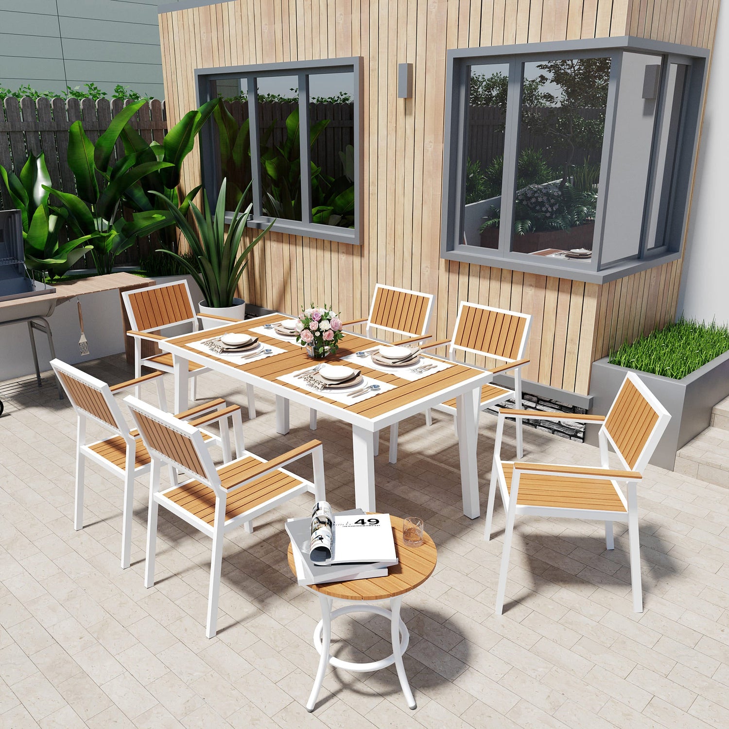 Aluminum and Wood  Outdoor Dining Set - 4 Colors, 6-Pc or 8-Pc Set