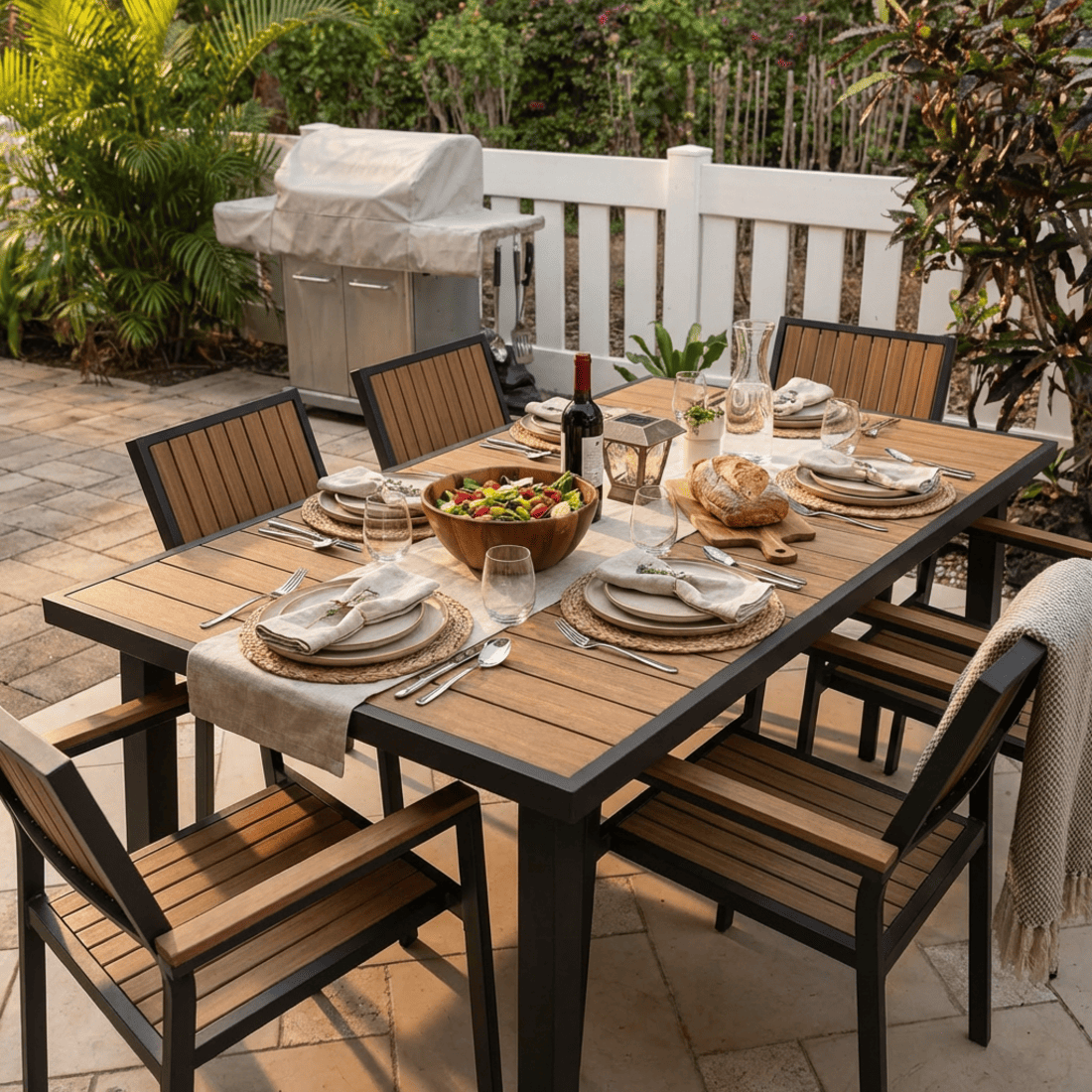 Aluminum and Wood  Outdoor Dining Set - 4 Colors, 6-Pc or 8-Pc Set