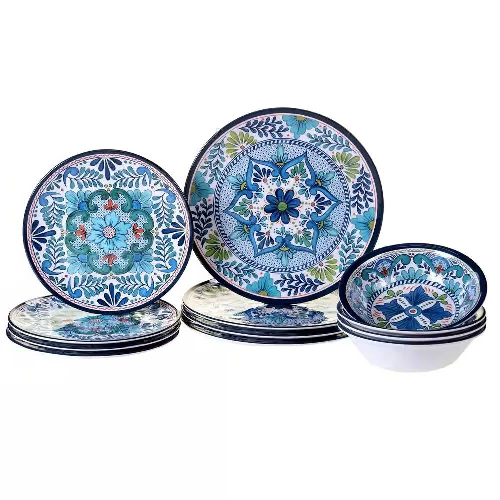 12-Piece Melamine Dinnerware Plates/Bowls Set with Blue Floral Patterns