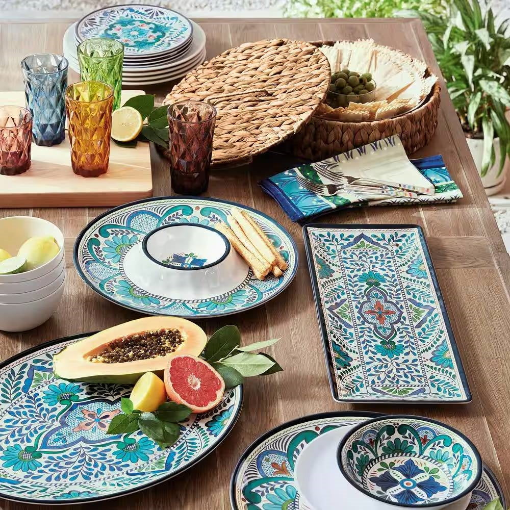 12-Piece Melamine Dinnerware Plates/Bowls Set with Blue Floral Patterns