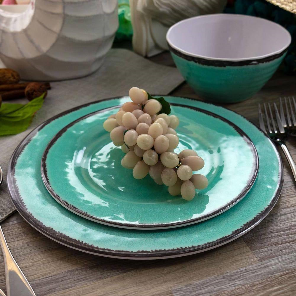 12-Piece Melamine Plates/ Bowls Dinnerware Set in Turquoise Blue - Service for 4