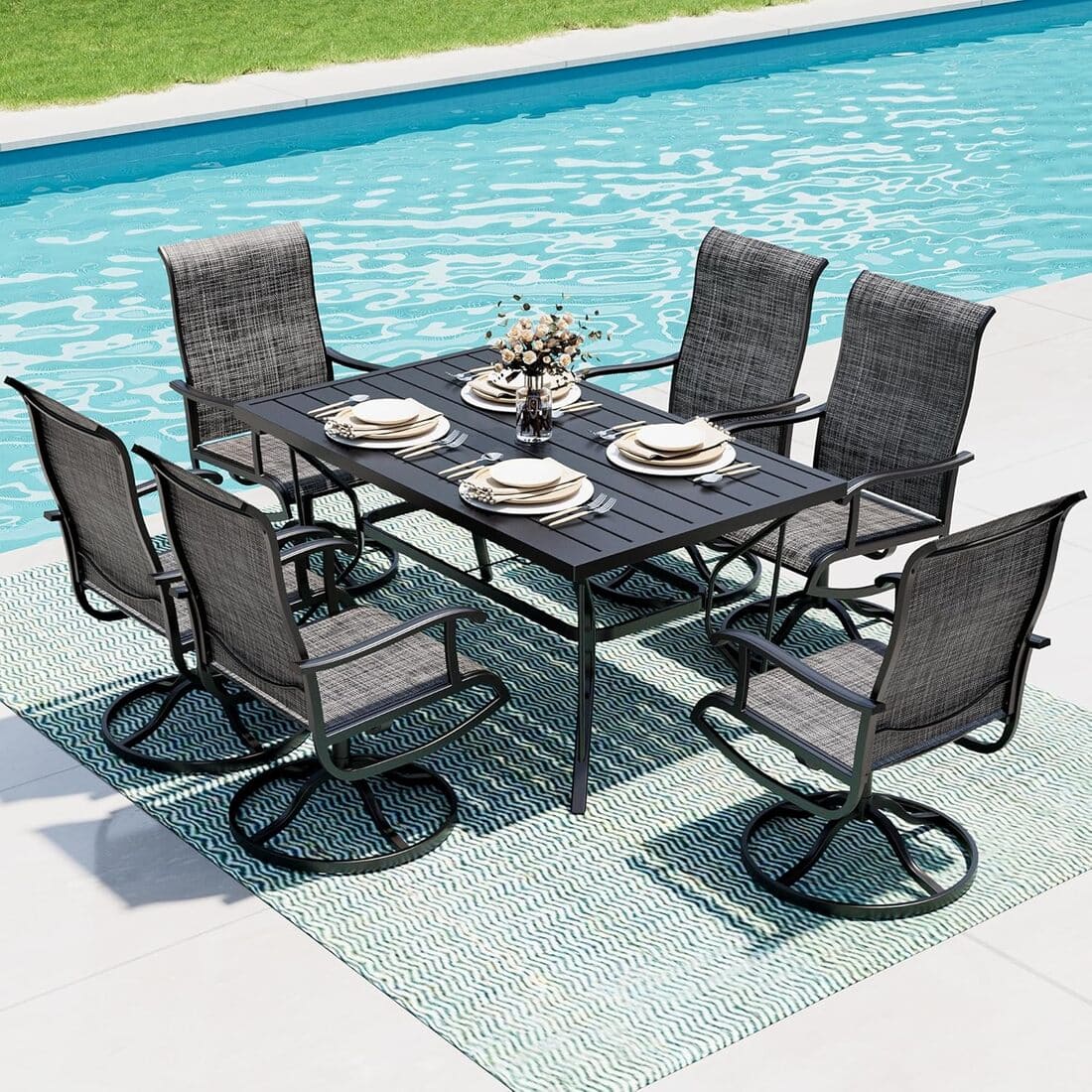 Textilene Dining Table with 6 Swivel Chairs (7 Pieces)