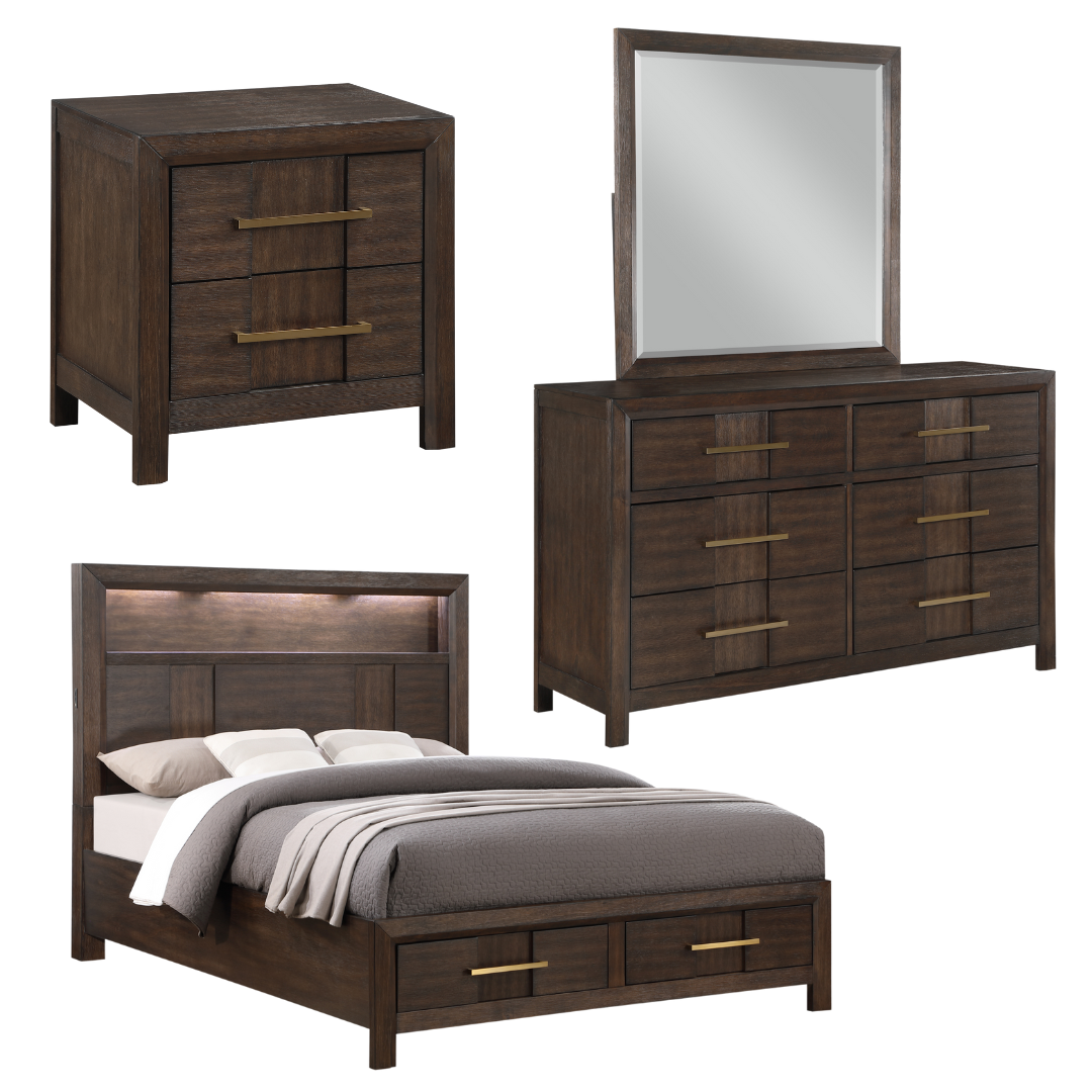 Modern 4 Piece Bedroom Set in Dark Walnut - King Size