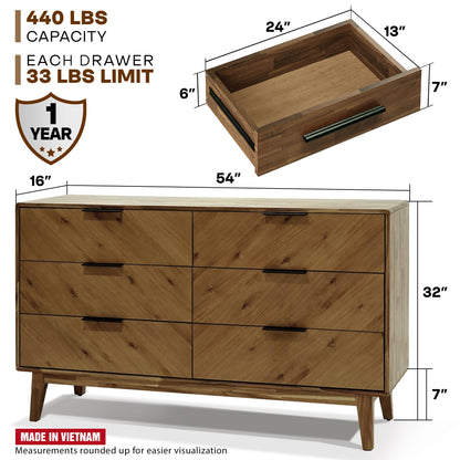 Veyron Acacia 6 Drawer Dresser in Walnut or Oak Finish