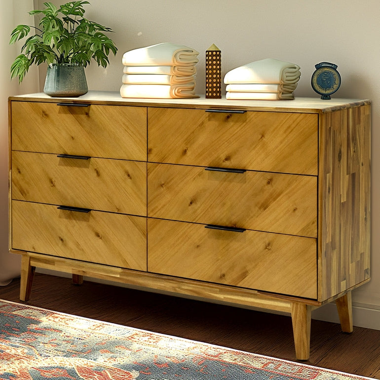 Veyron Acacia 6 Drawer Dresser in Walnut or Oak Finish