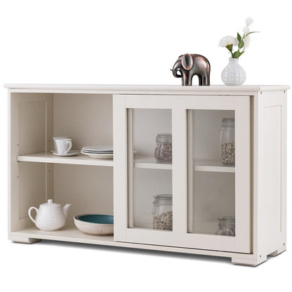 Modern Wood Sideboard Cabinet with Glass Sliding Door in Antique White