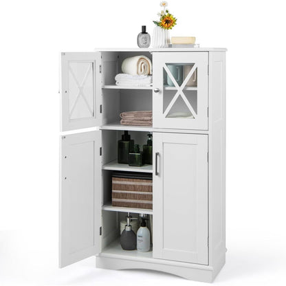 Bathroom Linen Cabinet with Glass Doors in White