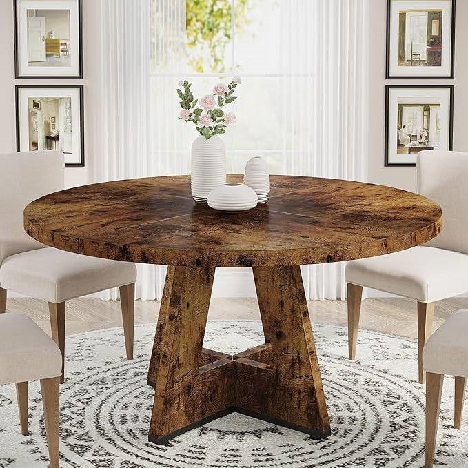 Modern Kitchen Round Dining Table for 4 in Rustic Brown Wood Finish