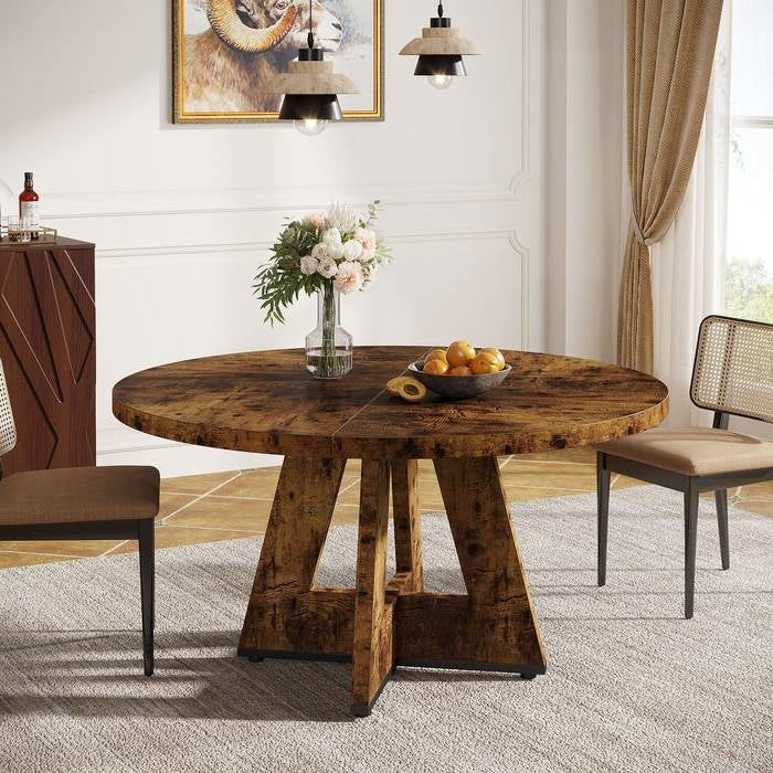 Modern Kitchen Round Dining Table for 4 in Rustic Brown Wood Finish