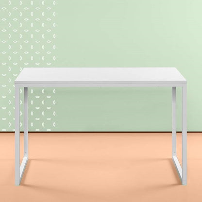 Simple Home Office Desk with White Metal Frame and Wood Top