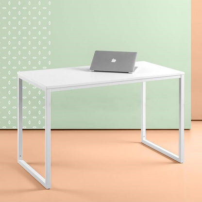 Simple Home Office Desk with White Metal Frame and Wood Top