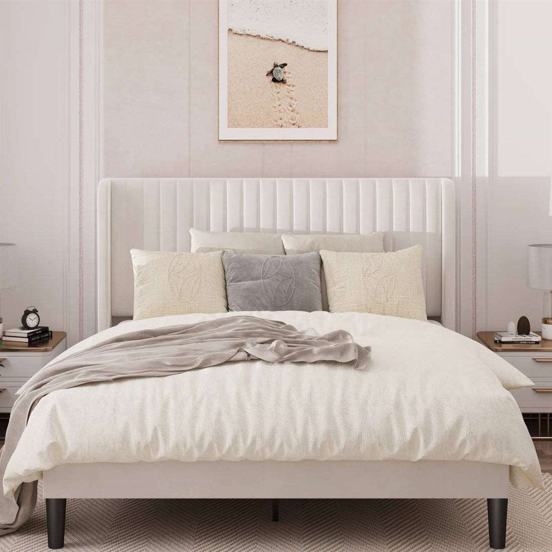 Queen size White Velvet Upholstered Platform Bed Frame with Wingback Headboard
