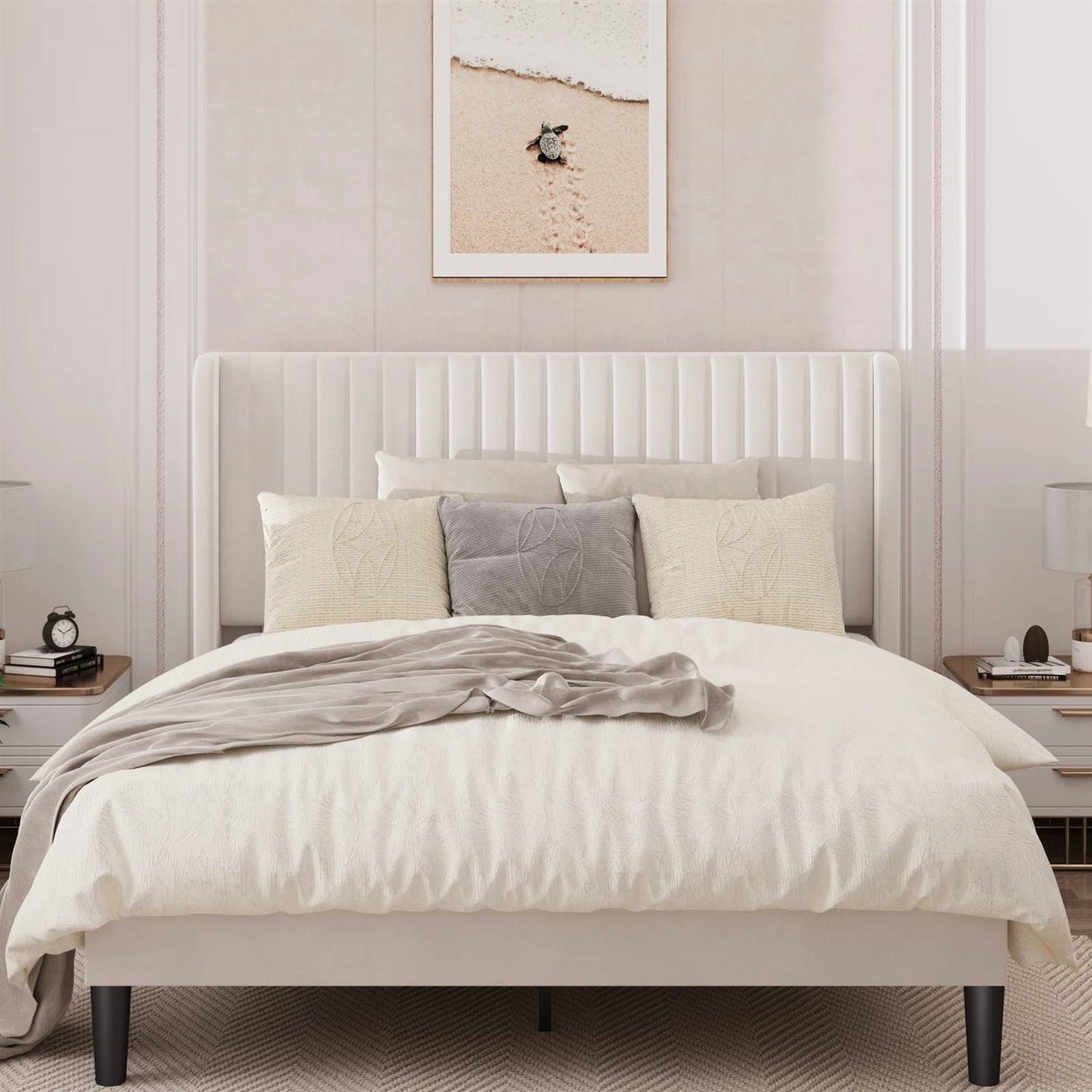 Queen size White Velvet Upholstered Platform Bed Frame with Wingback Headboard