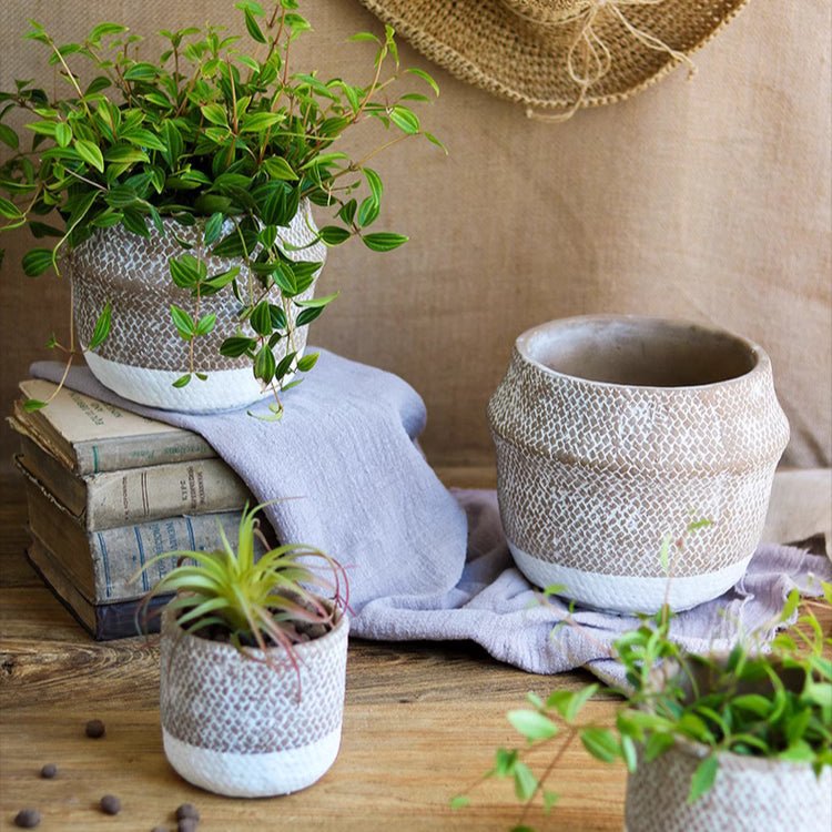 Boho Straw-Look Concrete Planter