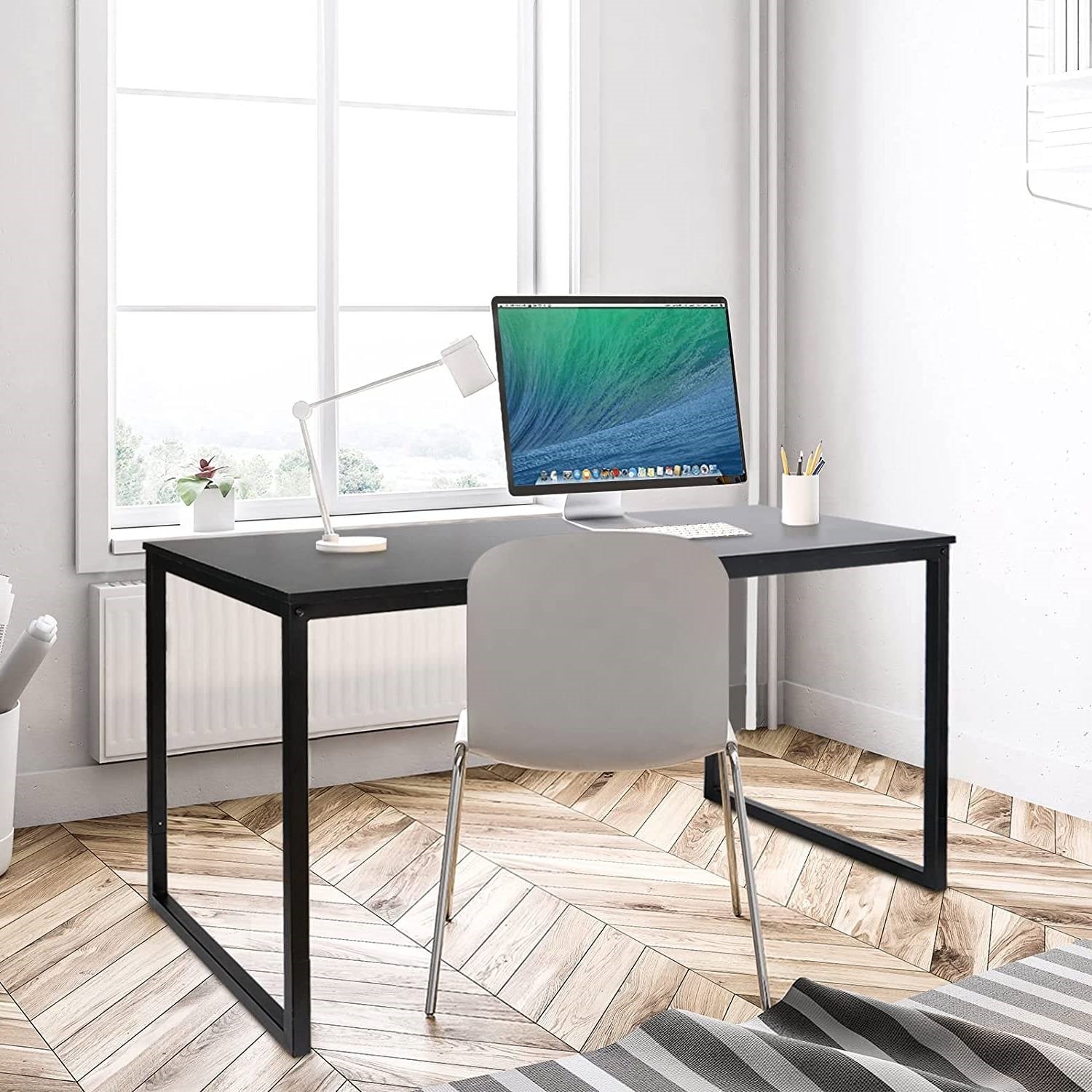 Simple Home Office Desk with Wood Top and Metal Frame in Black