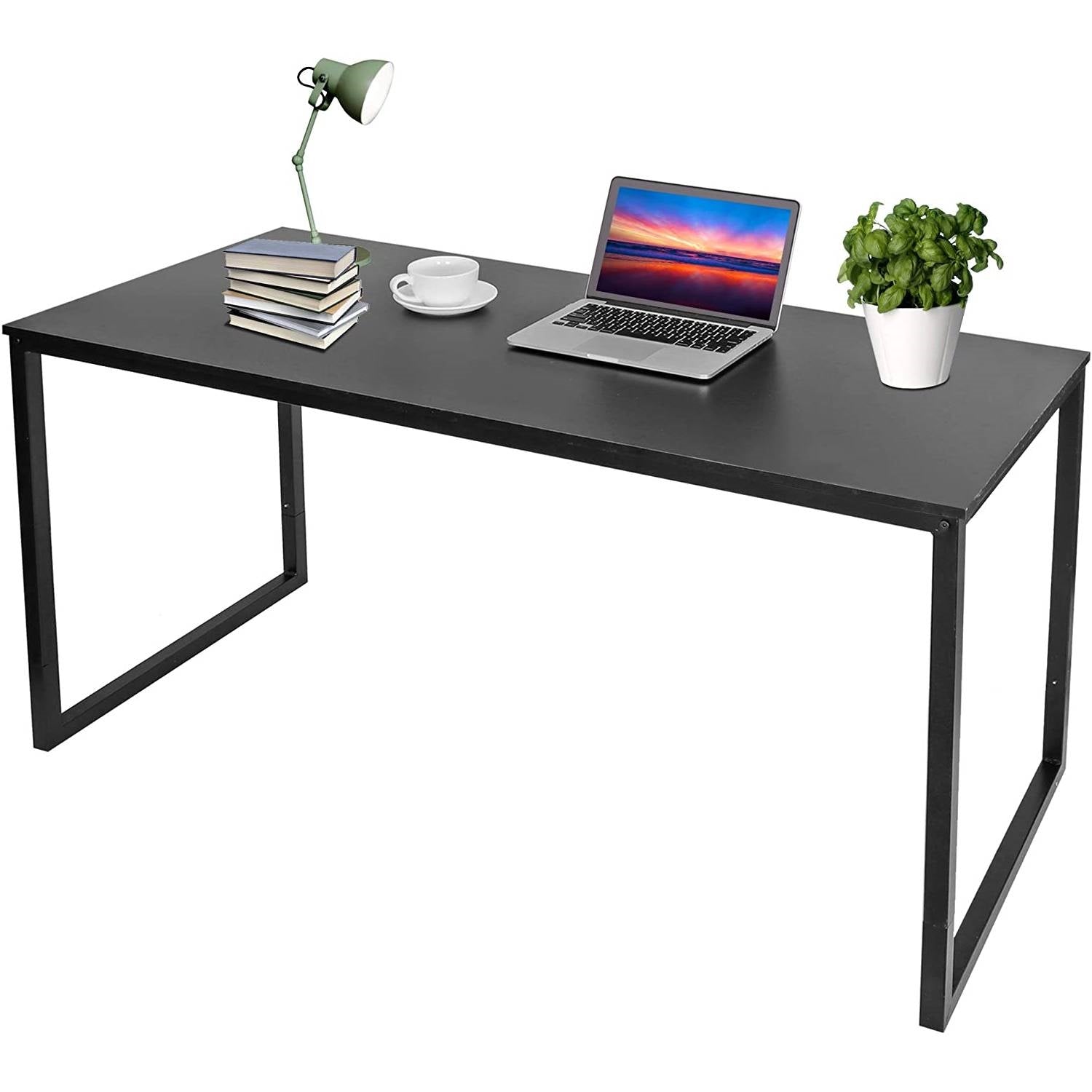 Simple Home Office Desk with Wood Top and Metal Frame in Black