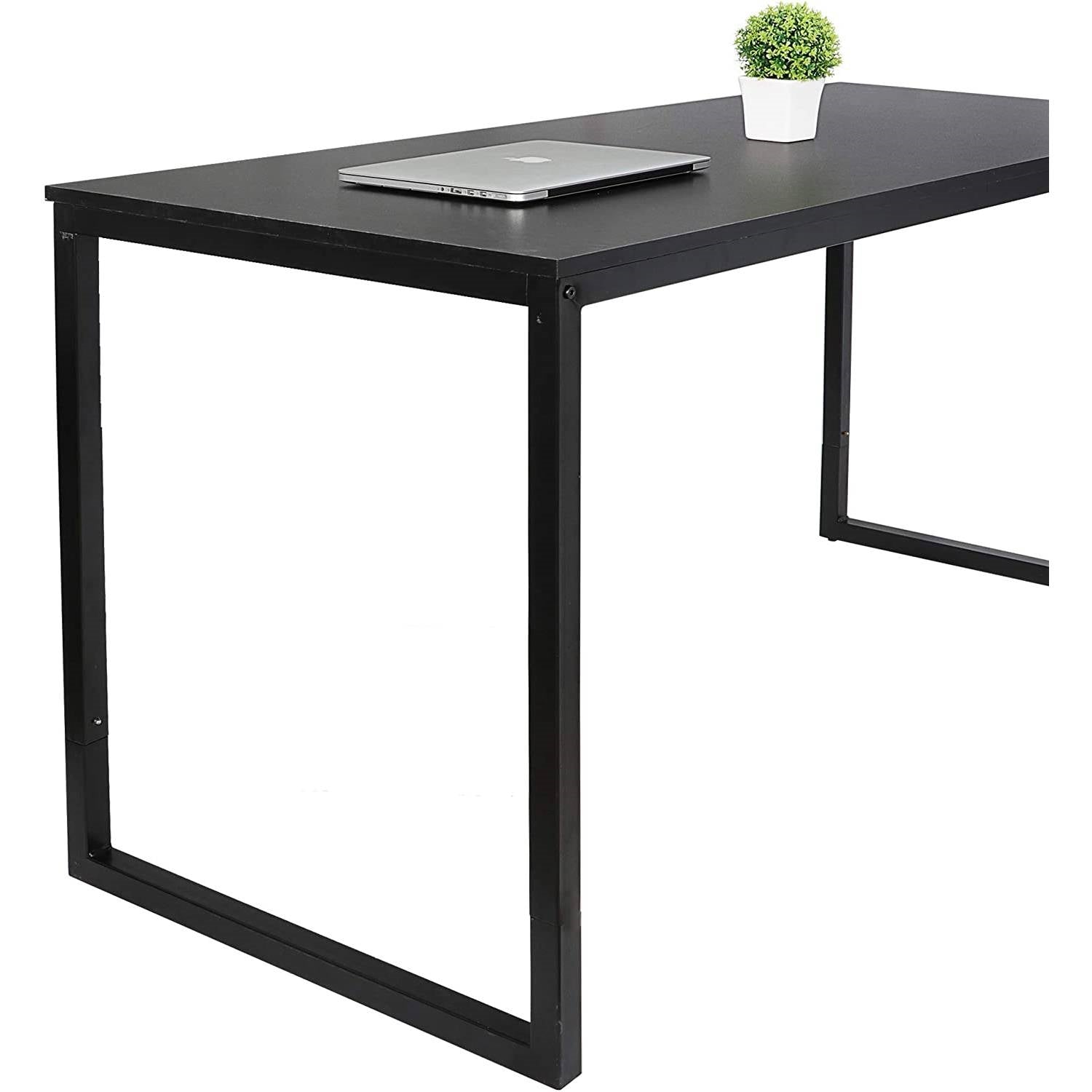 Simple Home Office Desk with Wood Top and Metal Frame in Black