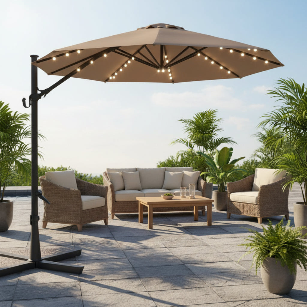 10 Foot Solar LED Cantilever Patio Umbrella With Lights - Tan