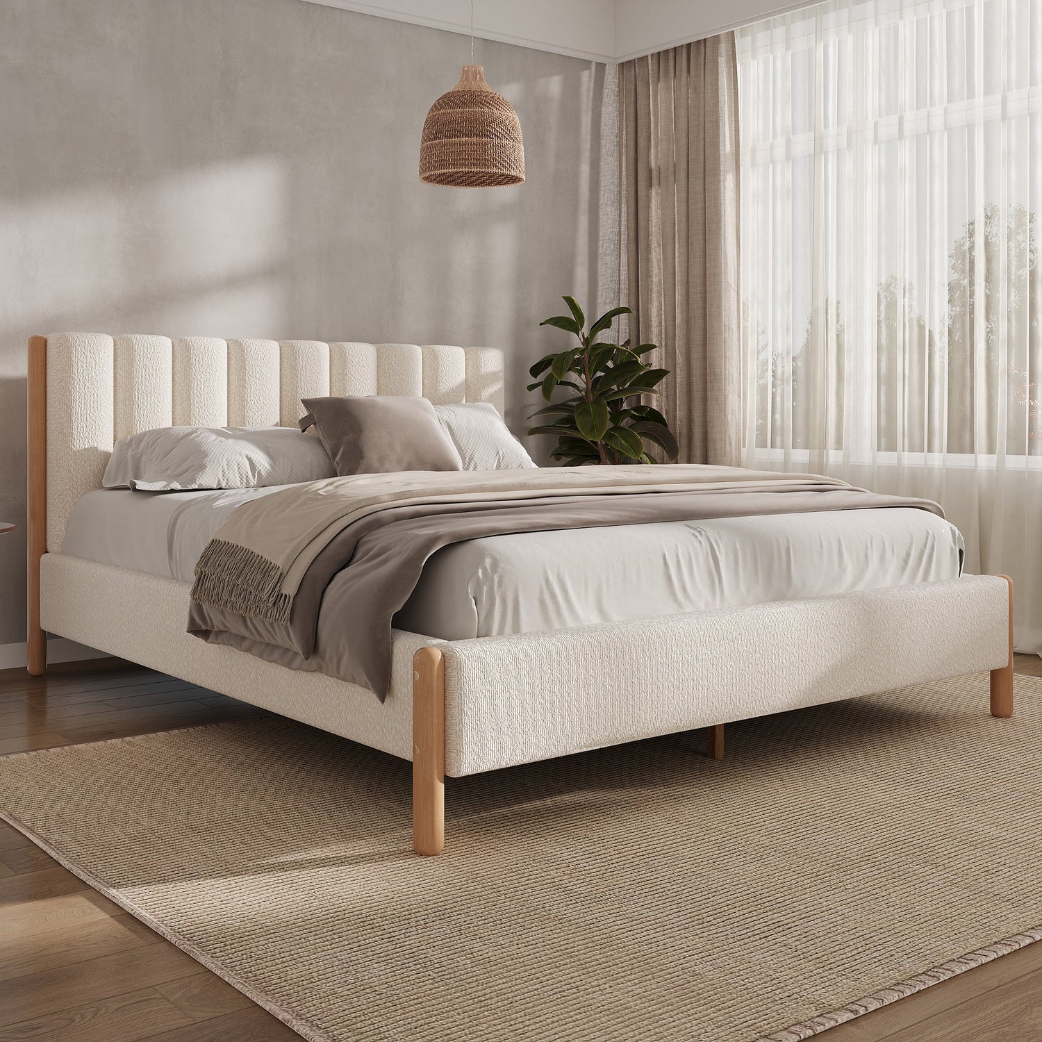Queen Size Bed Frame with Boucle Upholstered Headboard and Solid Wooden Legs - Off White