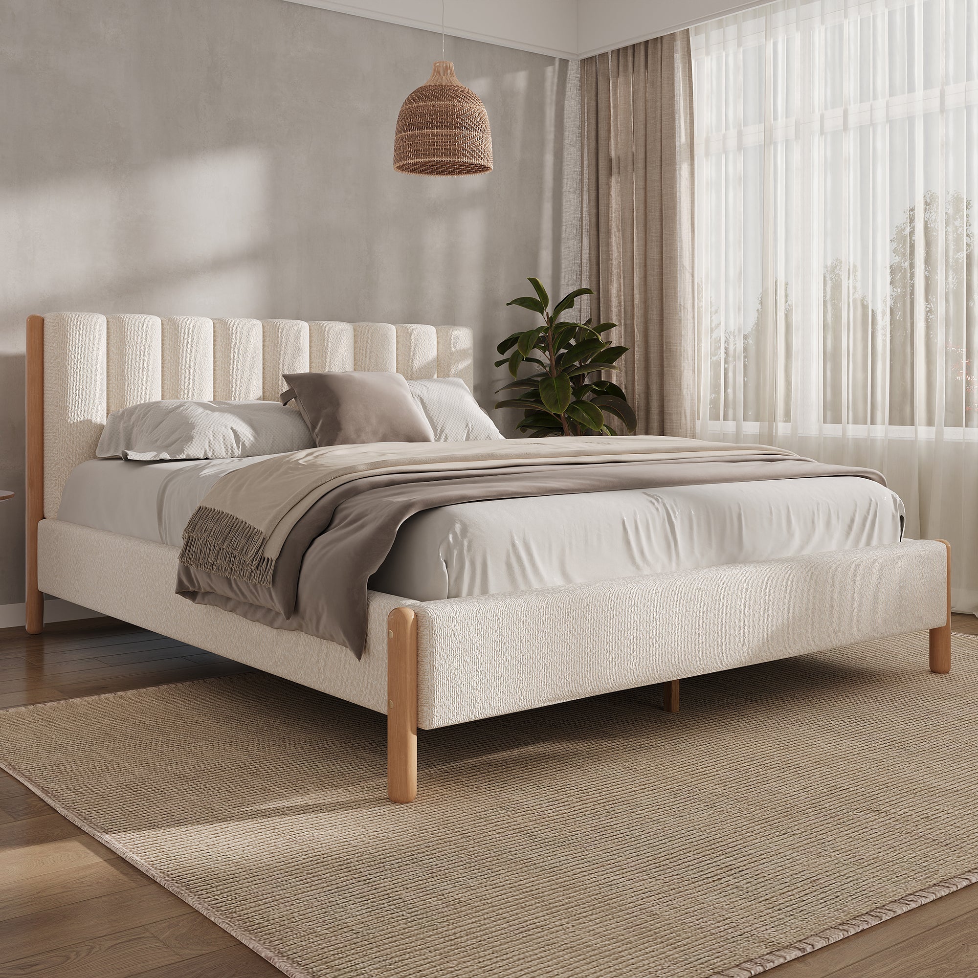 Queen Size Bed Frame with Boucle Upholstered Headboard and Solid Wooden Legs - Off White