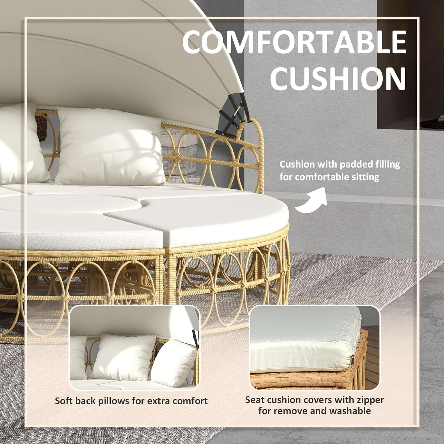 Round Outdoor Daybed Set with Canopy and Cushions - Beige