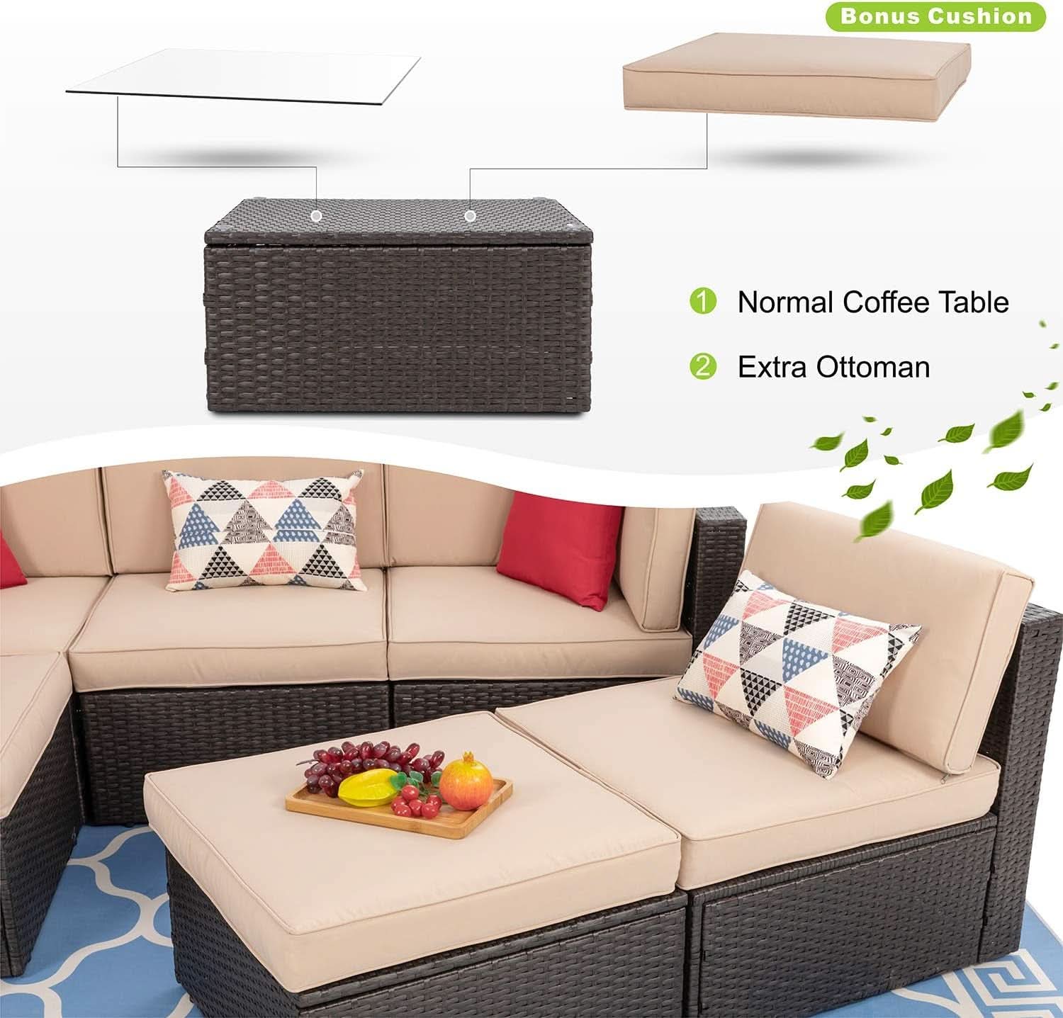 Outdoor Wicker Sectional Sofa Set with Coffee Table - Tan/Brown