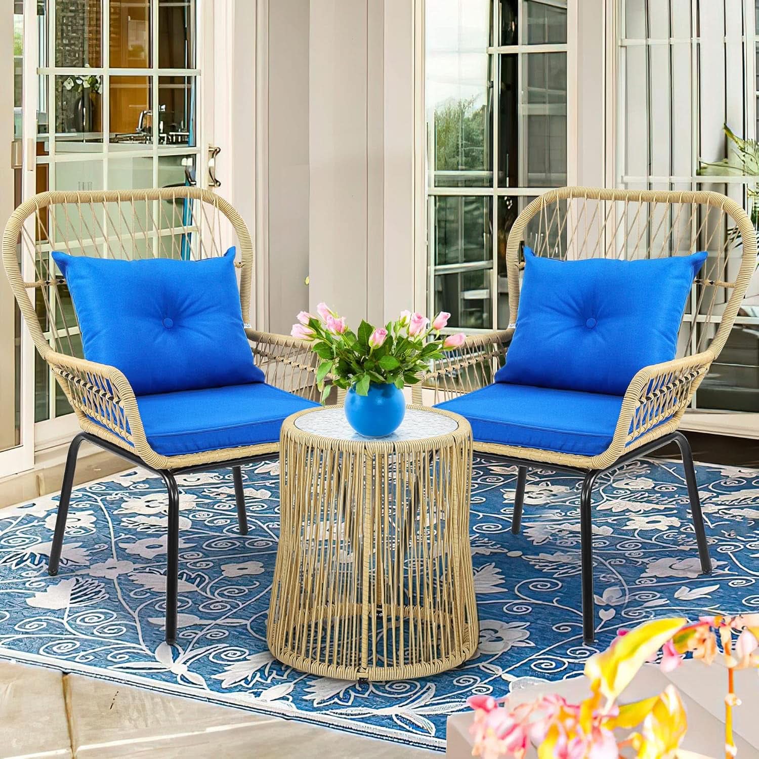 3 Piece Outdoor Wicker Patio Bistro Set - Blue