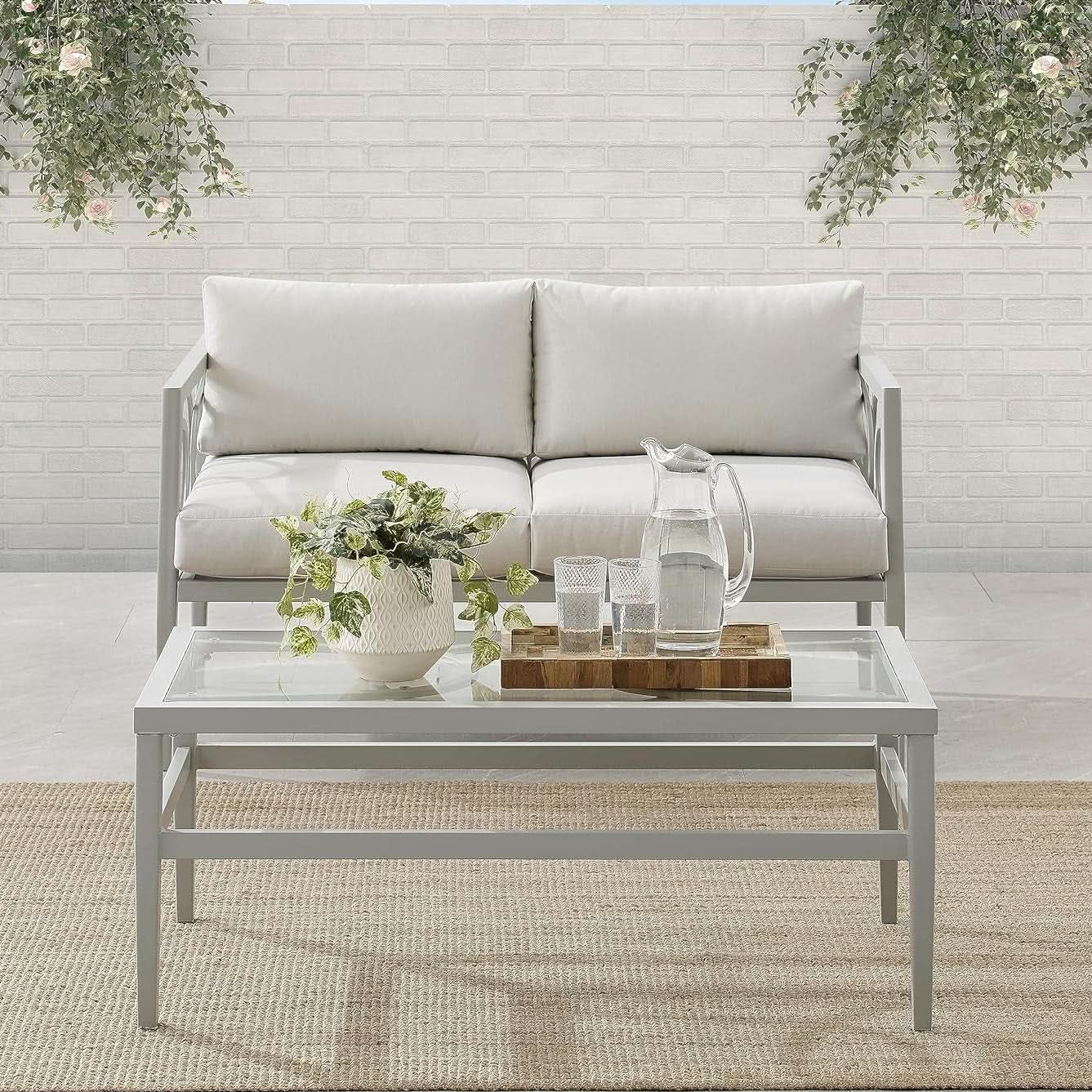 2 Piece Outdoor Gray Metal Loveseat and Coffee Table Set with Creme Cushions