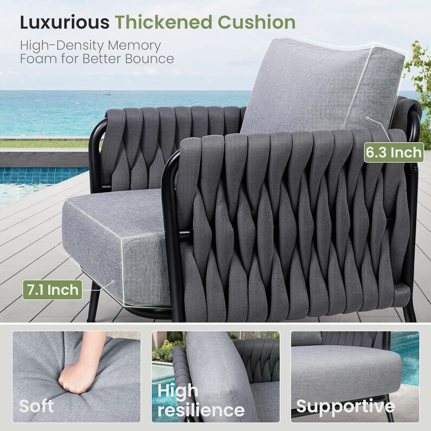 Modern Outdoor Patio Furniture Set with Waterproof Cushions - Black/Gray