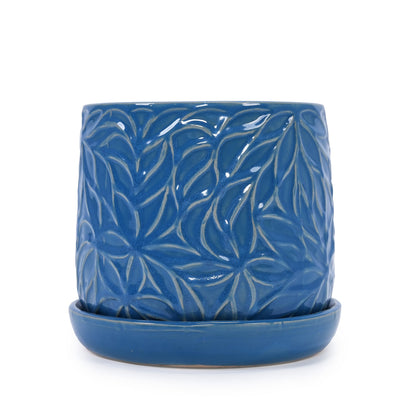 Set of 2 Embossed Ceramic Flowerpots - Blue