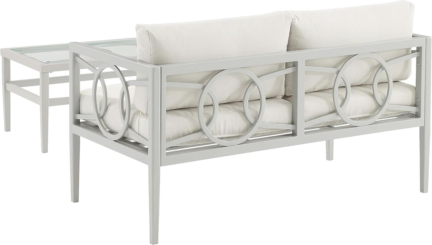 2 Piece Outdoor Gray Metal Loveseat and Coffee Table Set with Creme Cushions
