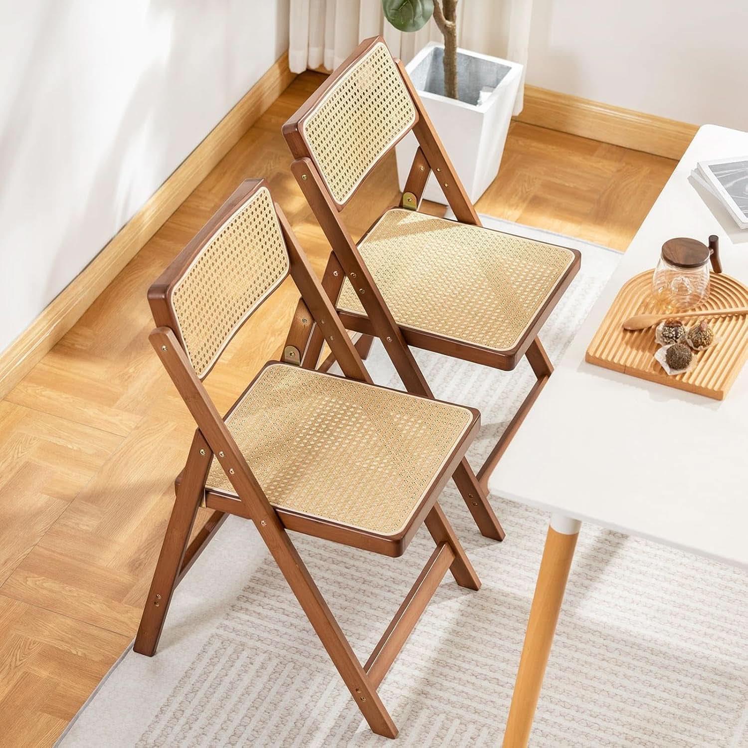 Set Of 2 Walnut Rattan  Indoor/Outdoor Folding Chairs