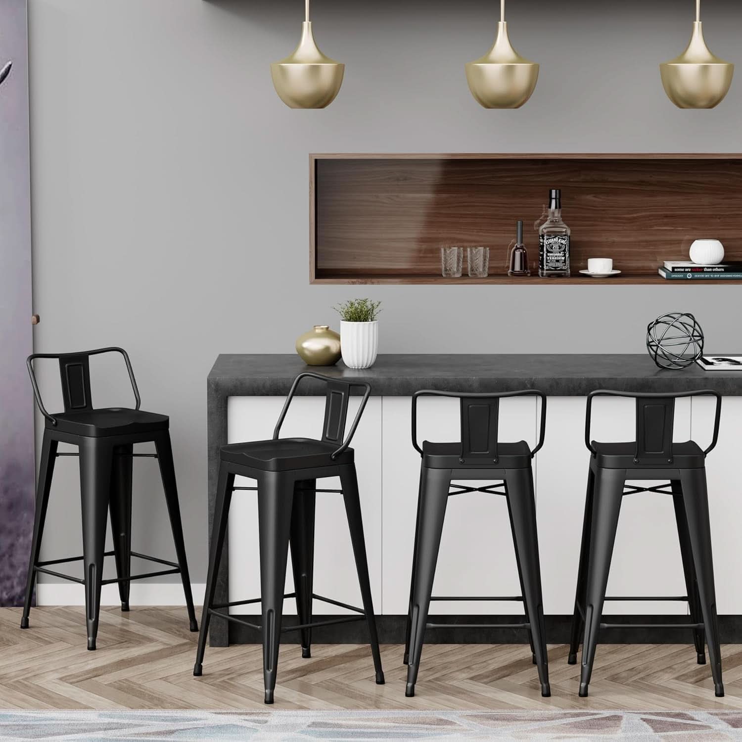 Set of 4 Indoor/Outdoor Black Industrial Metal Bar Stools - Weather Resistant