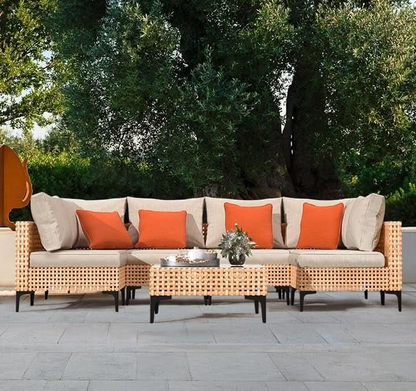 5 Piece Outdoor Modular Sectional Set - Salmon Wicker with Beige Cushions