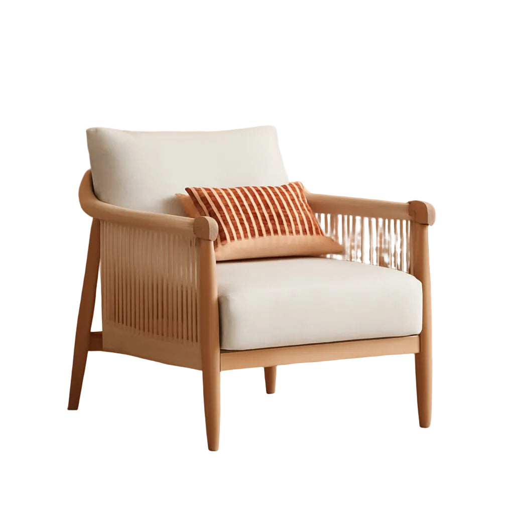 Cream Braided Accent Armchair With Wooden Armrests
