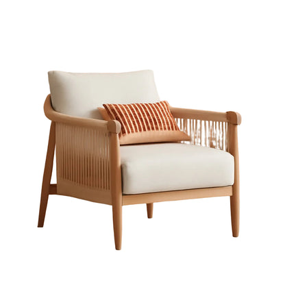 Cream Braided Accent Armchair With Wooden Armrests