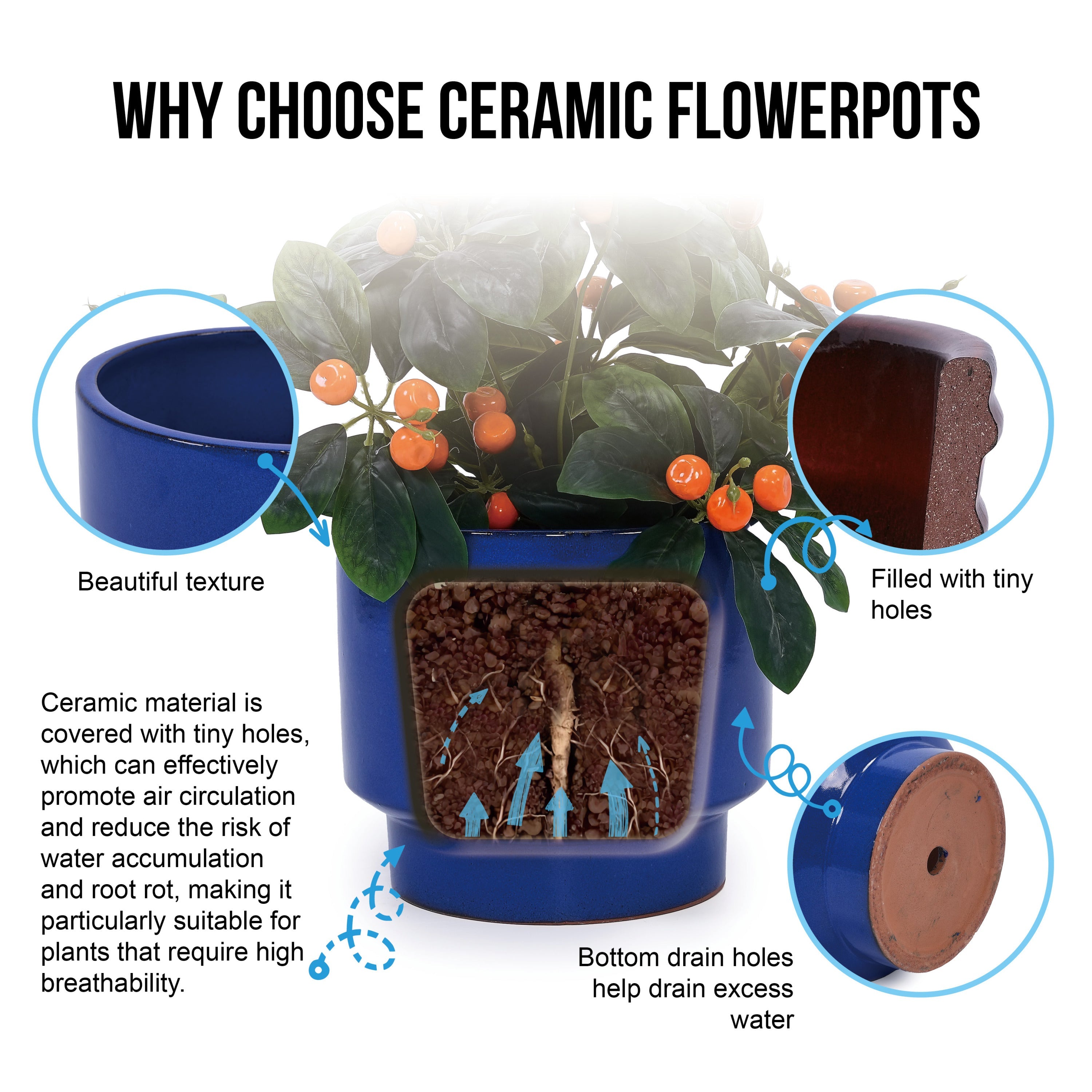 Set of 3 Ceramic Flower Pots - Blue