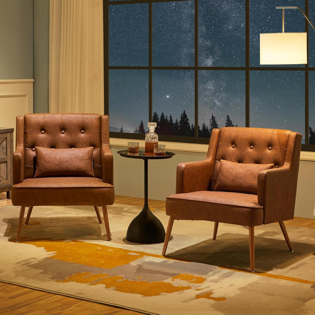 Brown Leatherette Mid Century Accent Chairs - 2 pc Set