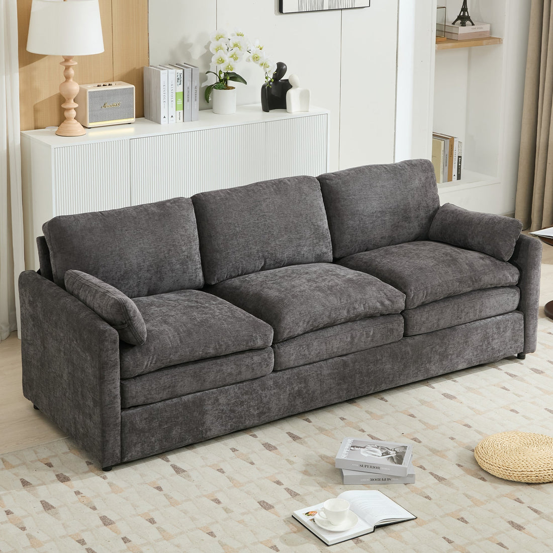 Cozy Upholstered Oversized 3-Seater Cloud Sofa in Dark Gray