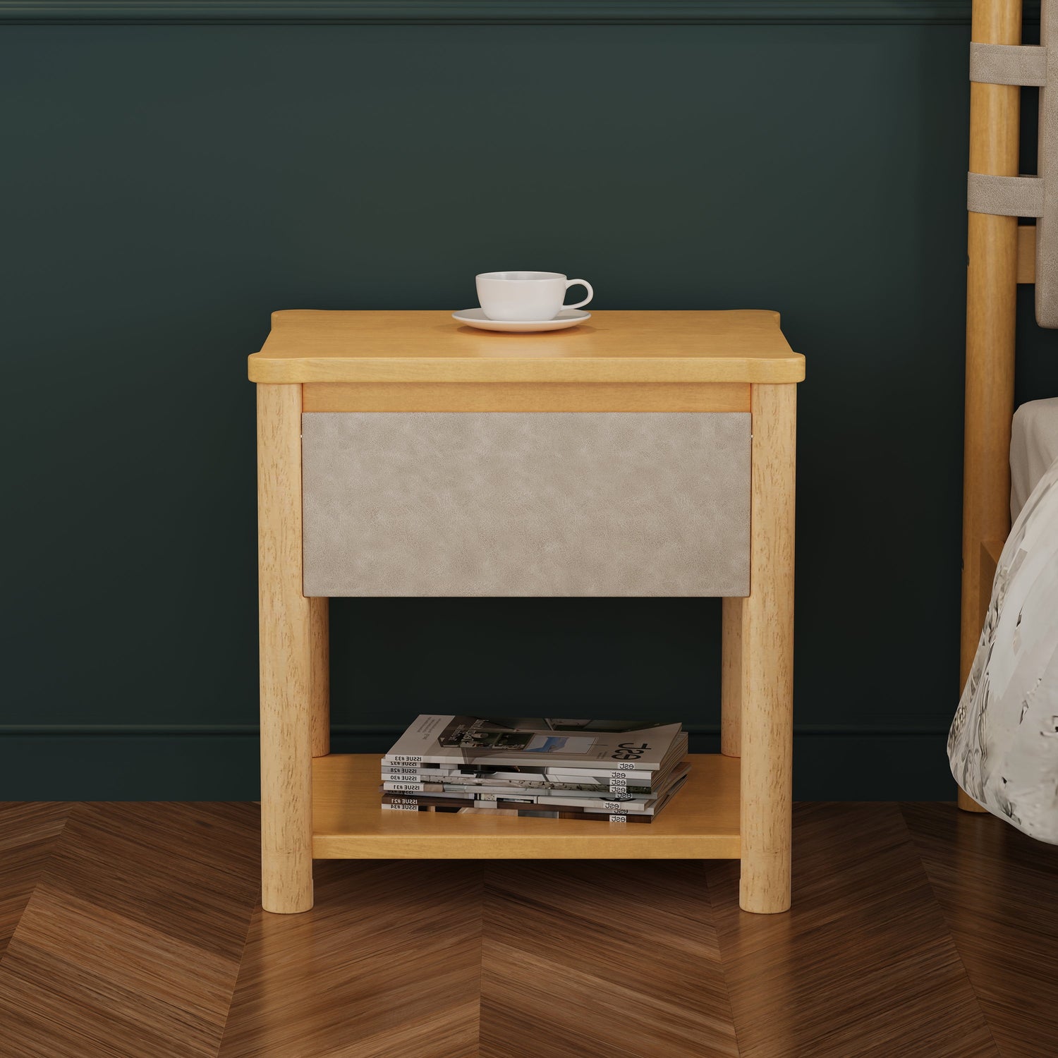 Beige Wood Platform Bed with Headboard and Matching Bedside Tables - 3 Pc Set