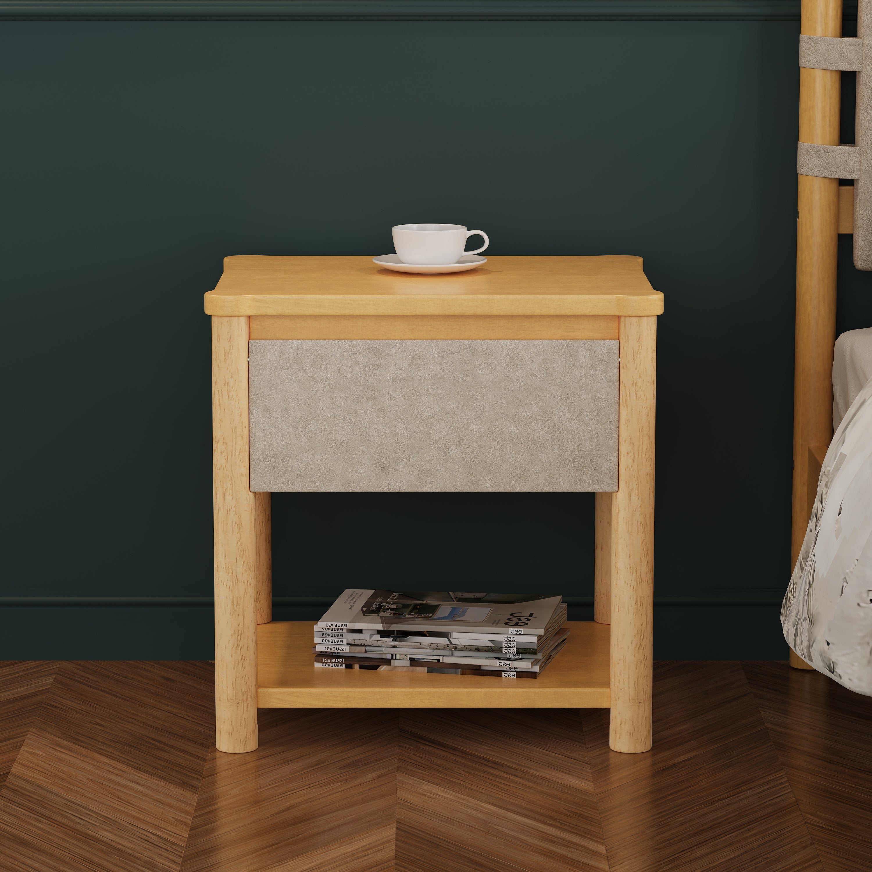 Modern Queen Bed Frame Set with 2 Nightstands - Beige Wood