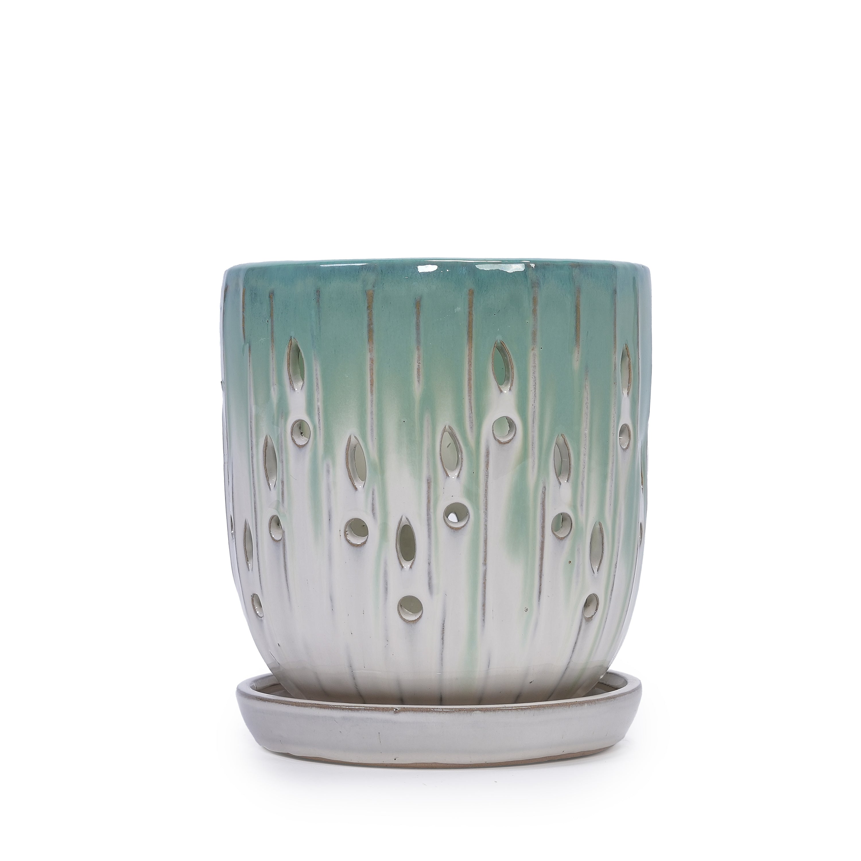 Set of 2 Ceramic Flowerpots - White/Aqua